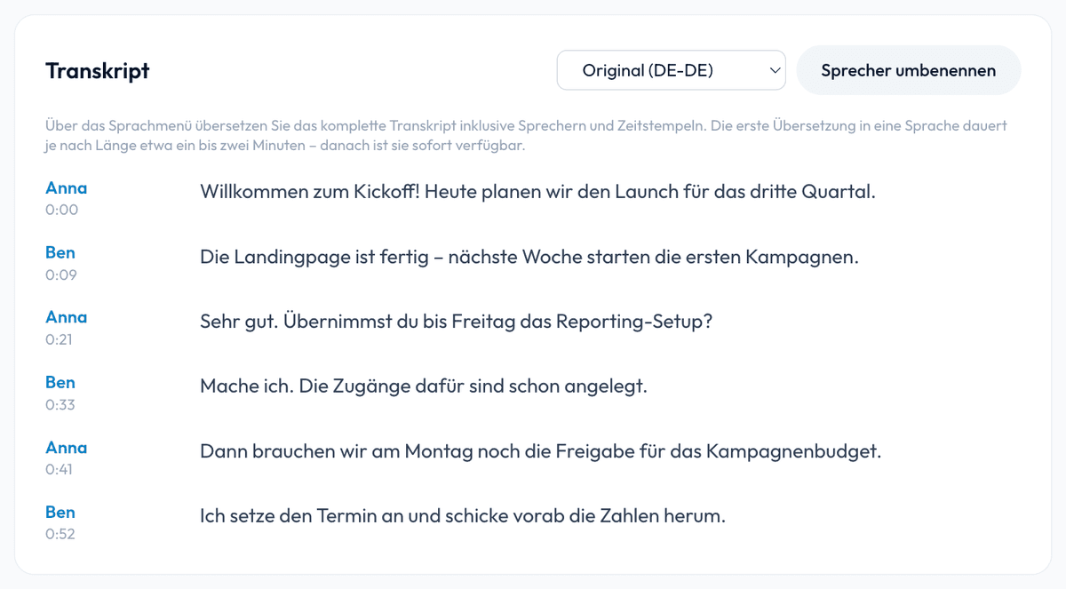SmartScription transcript view with automatically detected speakers and timestamps beside each contribution
