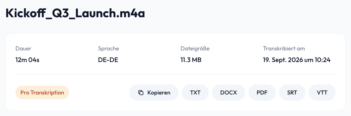 Export-Leiste eines Transkripts mit den Formaten TXT, Word, PDF sowie Untertiteln als SRT und VTT